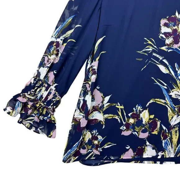 Chico’s Blouse Womens 2 Blue Stretch Floral Bird Of Paradise-Print Pullover Knit - Picture 8 of 12